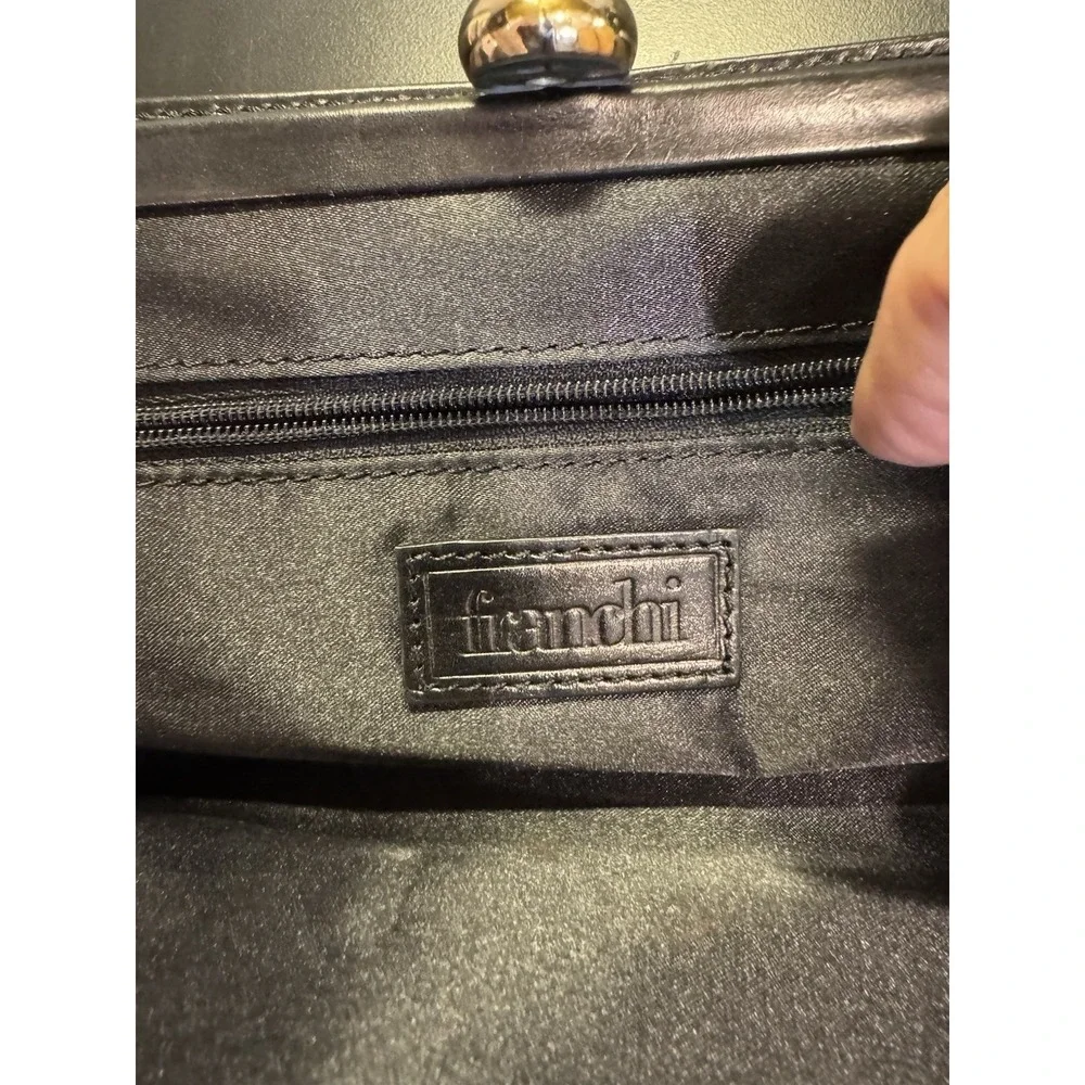 Vintage Black‎ Leather Franchi Handbag Double Gold Chain Handles Clasp